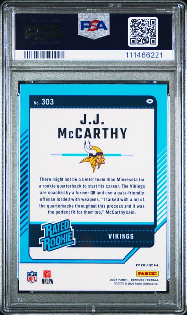 2024 Panini Donruss Jj Mccarthy #303 (Optic Preview-Red Wave) Mint 9 back
