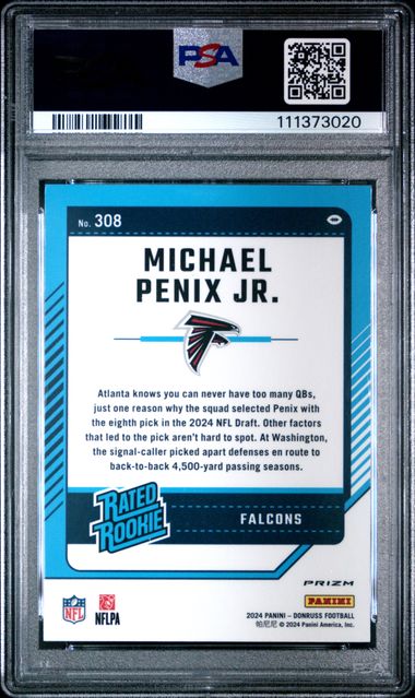2024 Panini Donruss Michael Penix Jr. #308 (Optic Preview-Red & Green) Gem Mt 10 back
