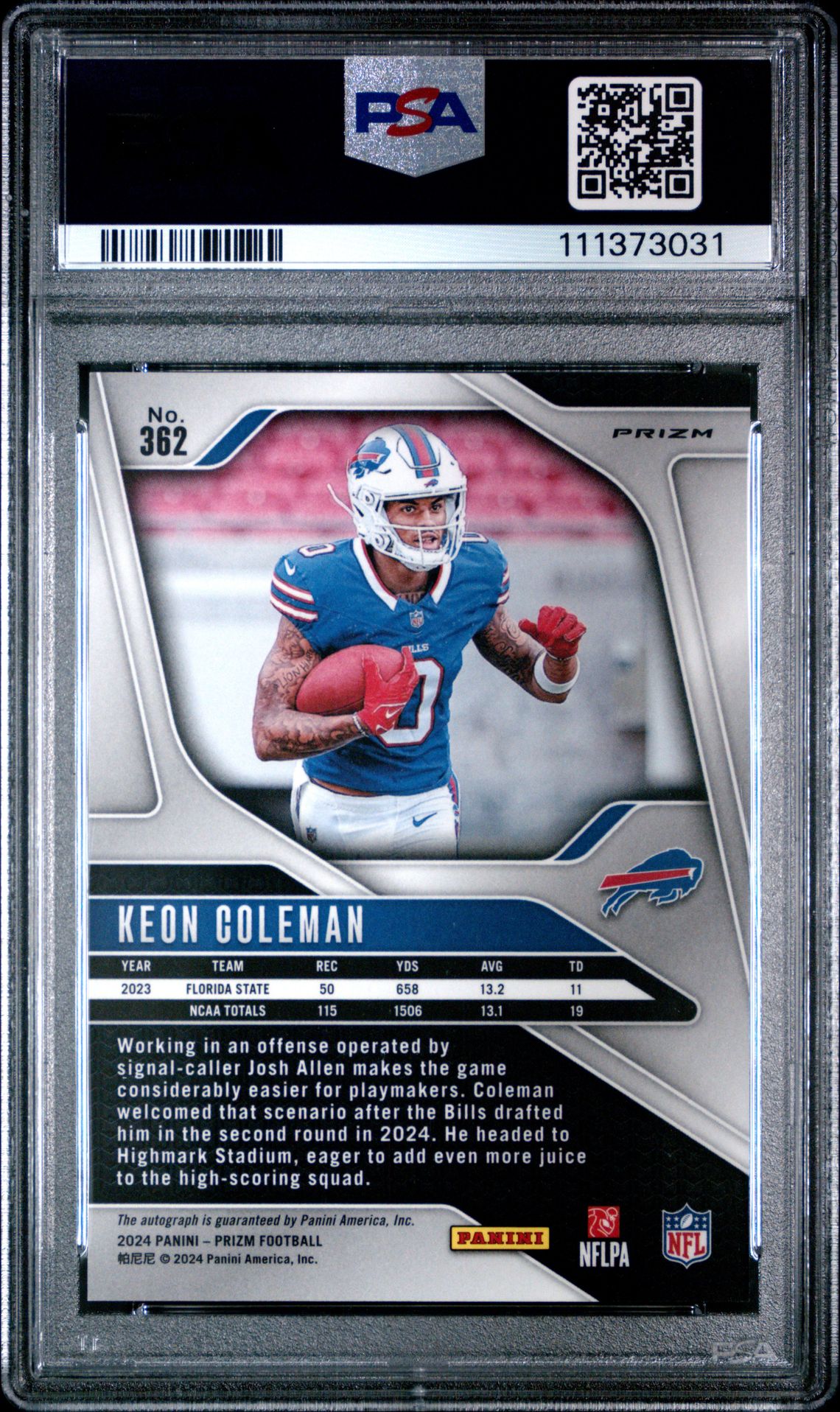 2024 Panini Prizm Keon Coleman #362 (Autograph-No Huddle) Gem Mt 10 back