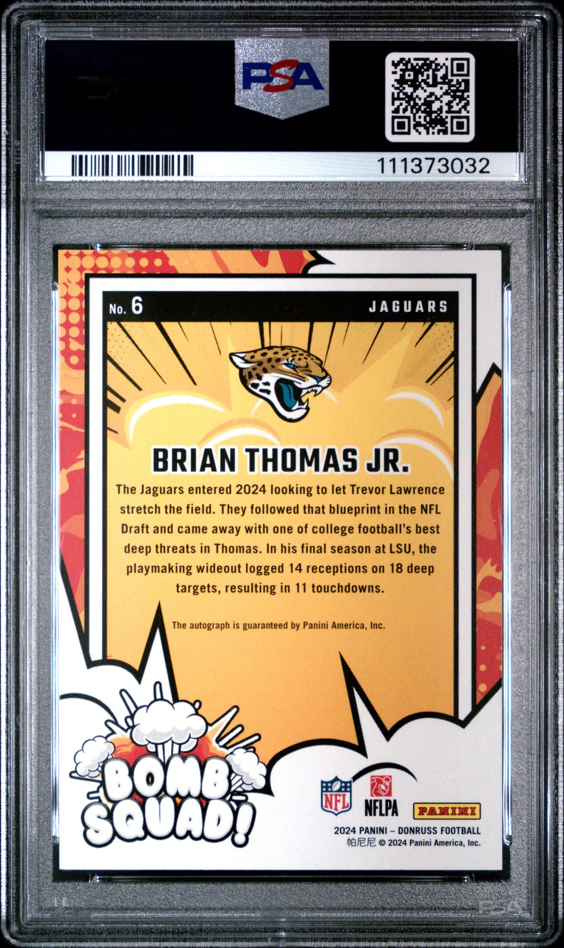 2024 Panini Donruss Bomb Squad Autographs Brian Thomas Jr. #6 Mint 9 back