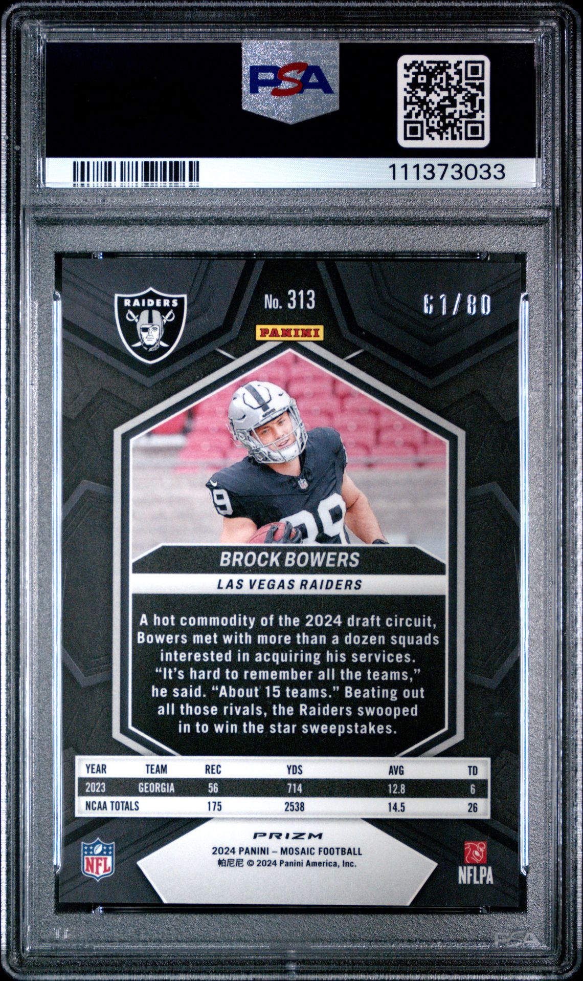 2024 Panini Mosaic Brock Bowers #313 (Fusion Red & Yellow Choice) Gem Mt 10 back