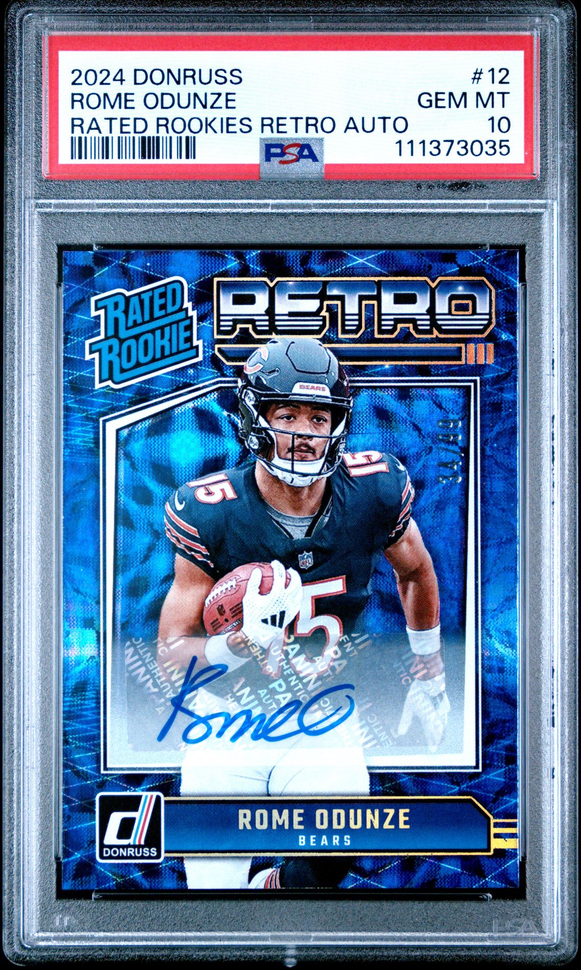 2024 Panini Donruss Rated Rookies Retro Autographs Rome Odunze #12 Gem Mt 10 front