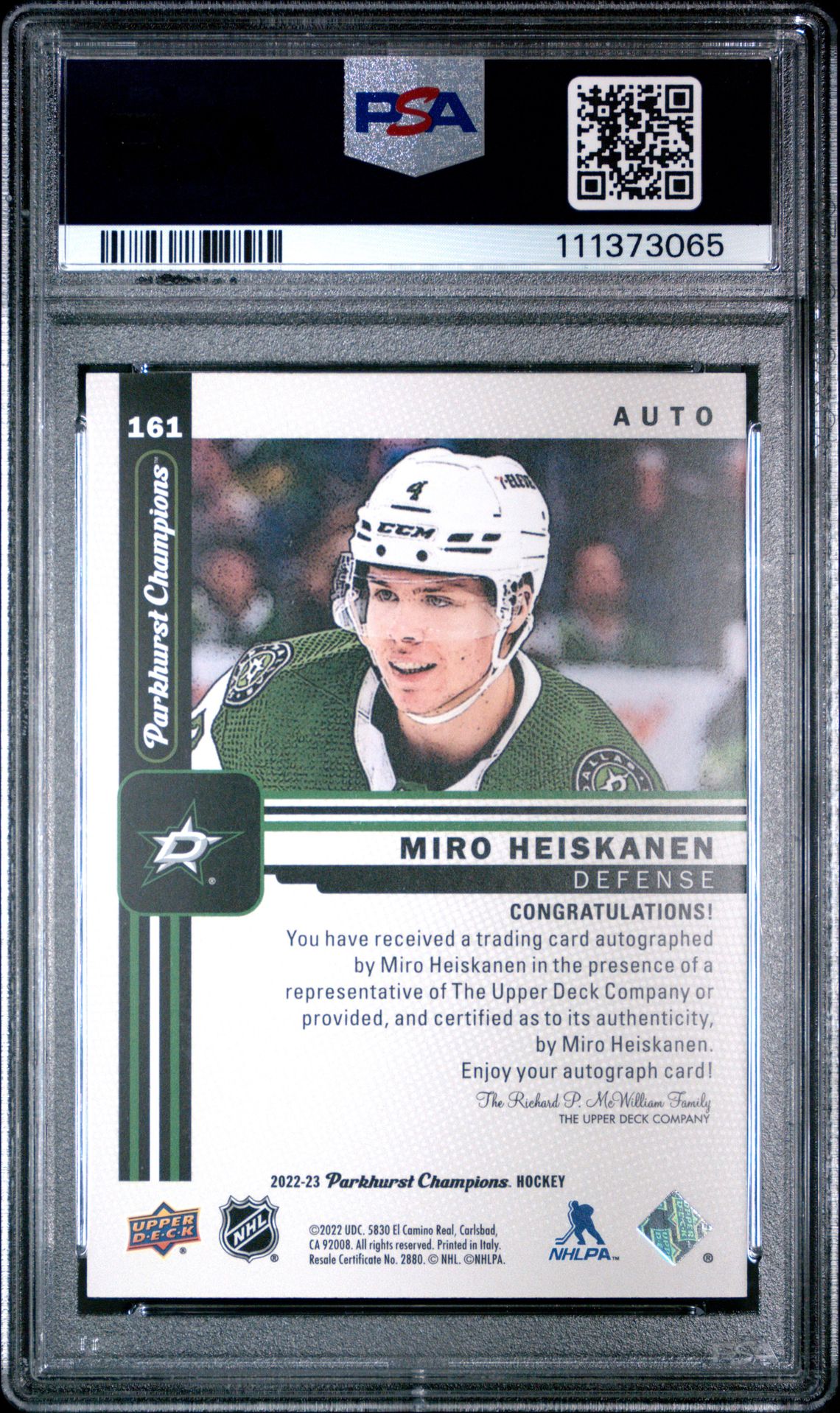 2022 Parkhurst Champions Miro Heiskanen #161 (Autograph) Gem Mt 10 back
