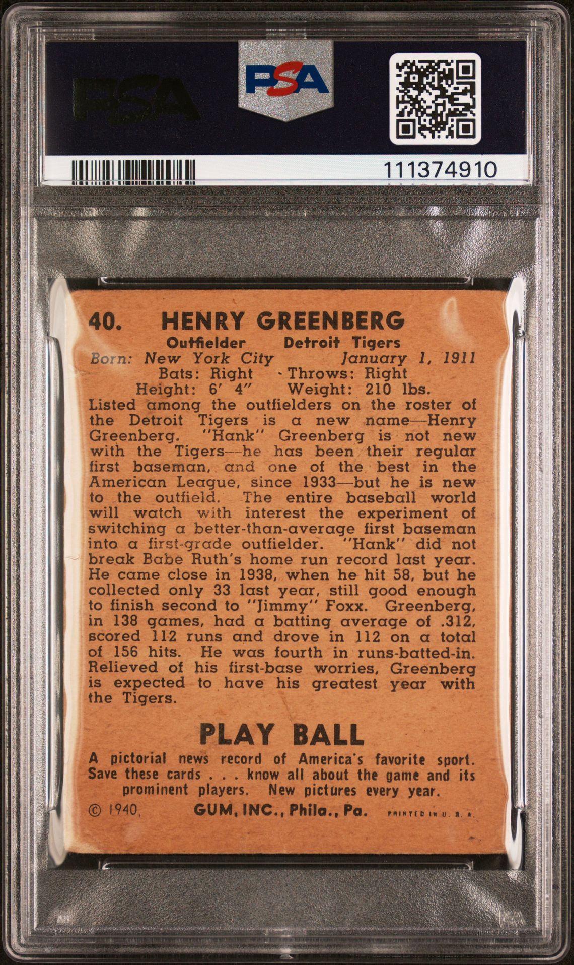 1940 Play Ball Hank Greenberg #40 Pr 1 back