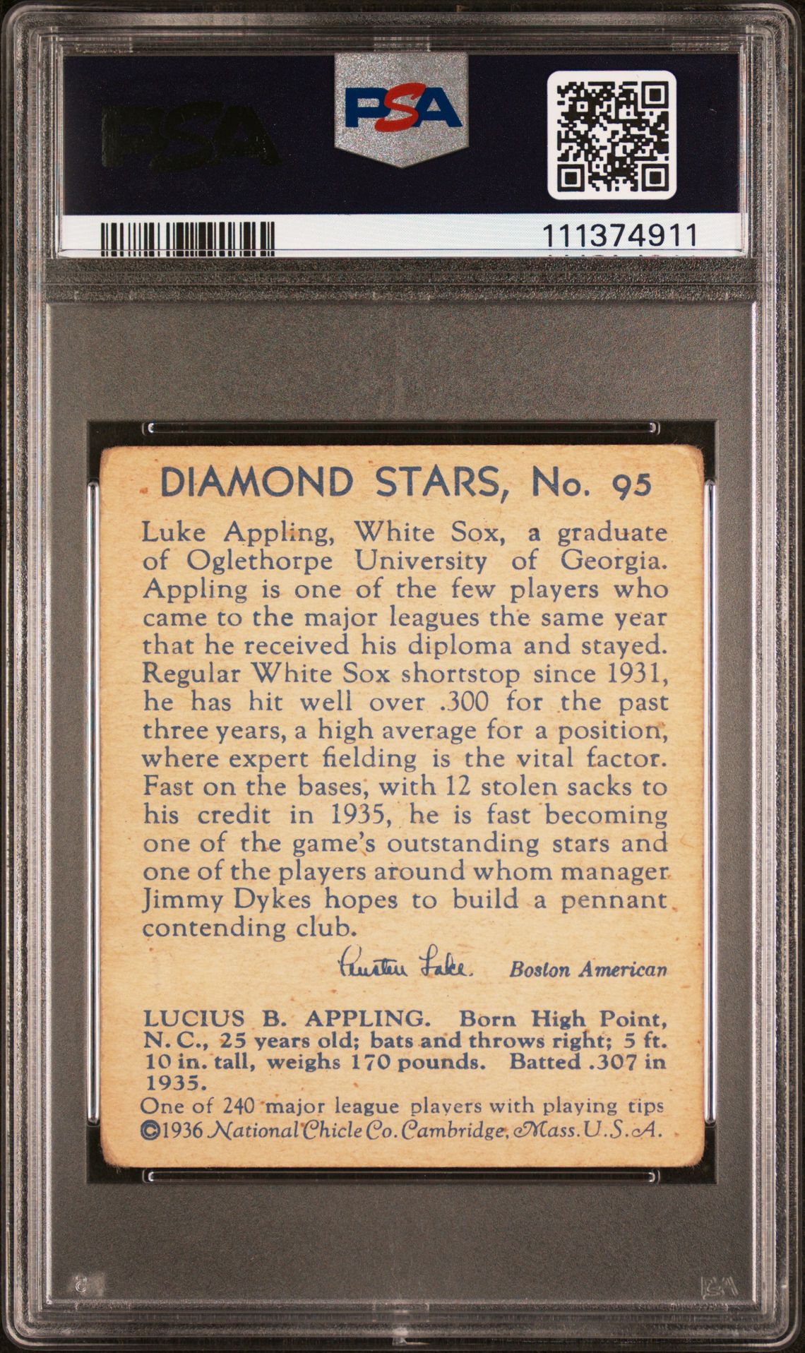1936 Diamond Stars Luke Appling #95 Good 2 (Mk) back