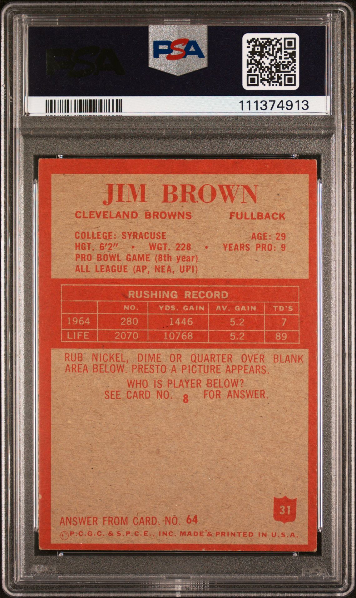 1965 Philadelphia Jim Brown #31 Vg-Ex 4 back