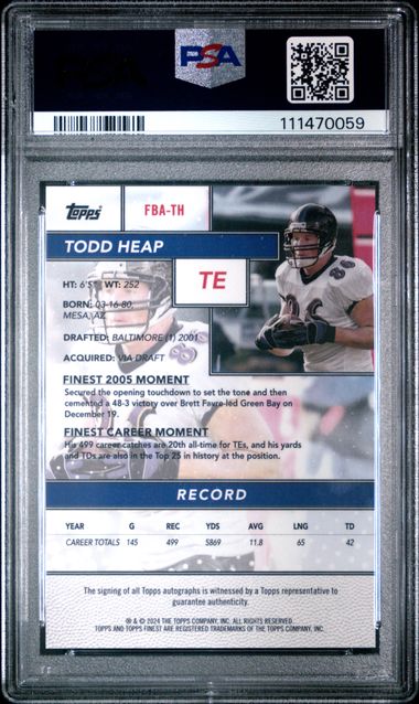 2024 Topps Finest Flashback Autographs Todd Heap #Fbath Gem Mt 10 back