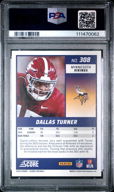 2024 Panini Score Dallas Turner #308 (First Down) Gem Mt 10 back