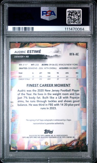 2024 Topps Finest Rookie Finest Autographs Audric Estime #Rfaae (Rk Finest Auto-Blue Chkbd) Gem Mt 10 back