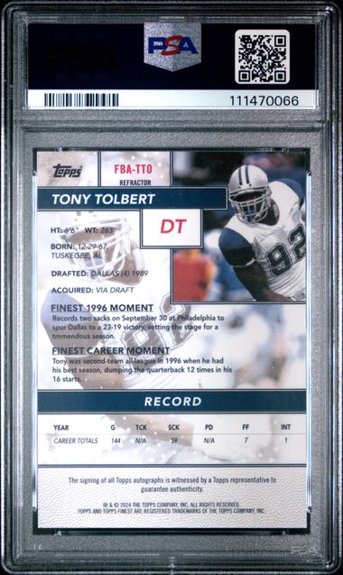 2024 Topps Finest Flashback Autographs Tony Tolbert #Fbatto (Flashback Auto-Refractor) Gem Mt 10 back