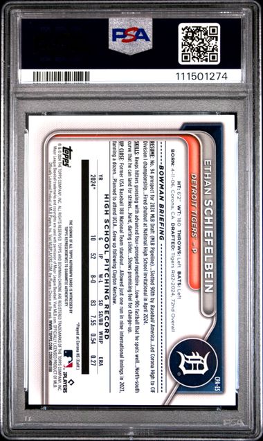 2024 Bowman Draft Chrome Prospect Autographs Ethan Schiefelbein #Cpaes (Chr Prospect Au-Yellow Ref) Mint 9 back