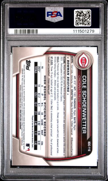 2023 Bowman Draft Cole Schoenwetter #Bdc116 (Chrome-Orange Refractor) Gem Mt 10 back