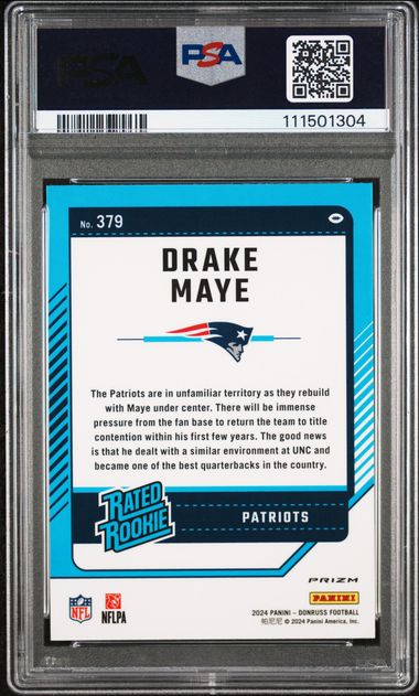 2024 Panini Donruss Drake Maye #379 (Optic Preview-Pink) Gem Mt 10 back