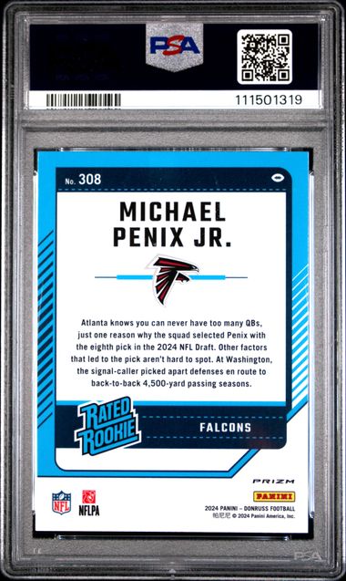 2024 Panini Donruss Michael Penix Jr. #308 (Optic Preview-Red & Green) Gem Mt 10 back