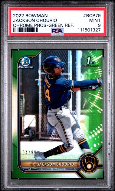 2022 Bowman Chrome Prospects Jackson Chourio #Bcp79 (Chrome Pros-Green Ref.) Mint 9 front