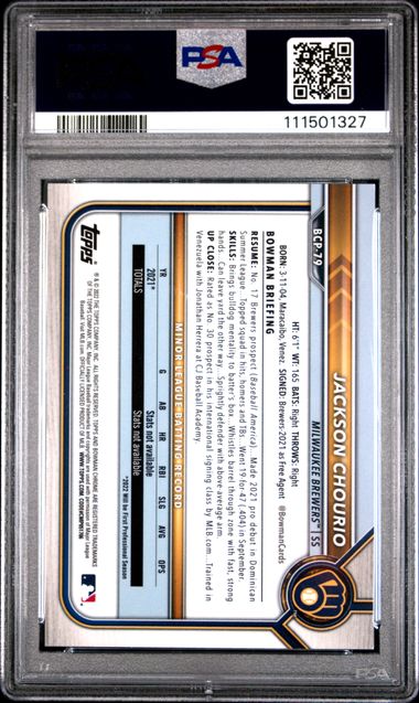 2022 Bowman Chrome Prospects Jackson Chourio #Bcp79 (Chrome Pros-Green Ref.) Mint 9 back