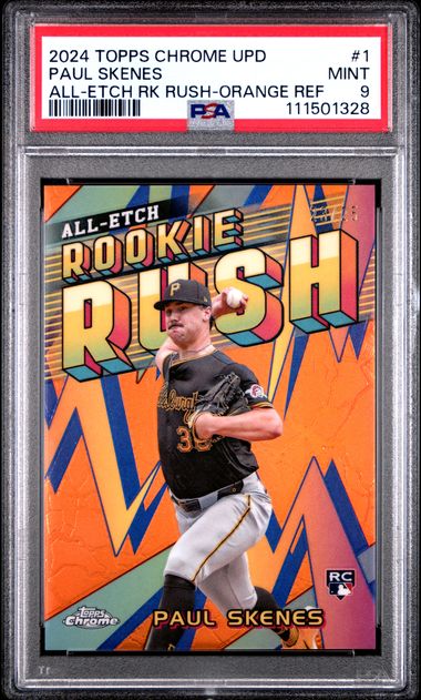 2024 Topps Chrome Update Chrome All-Etch Rookie Rush Paul Skenes #1 (All-Etch Rk Rush-Orange Ref) Mint 9 front