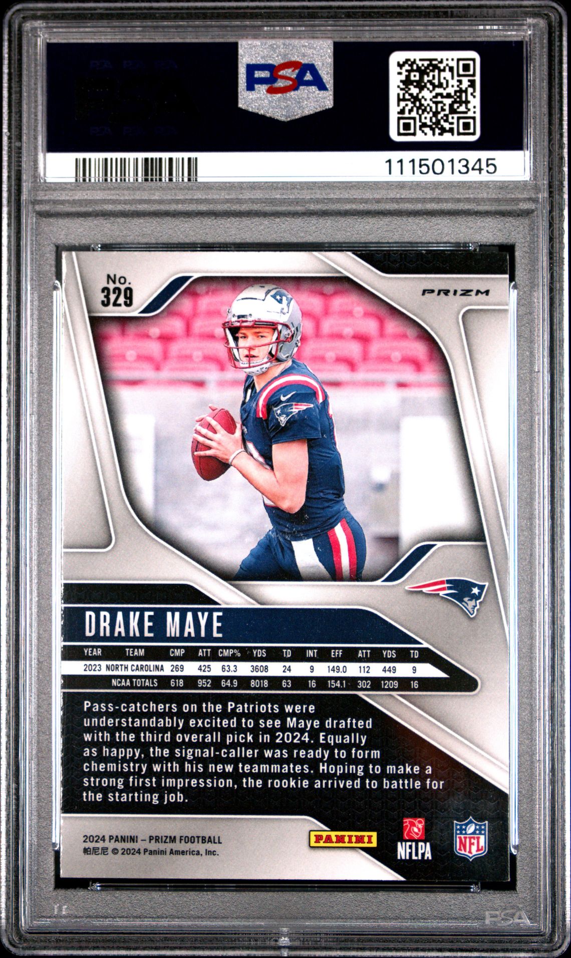 2024 Panini Prizm Drake Maye #329 (Red/White/Blue Prizm) Mint 9 back