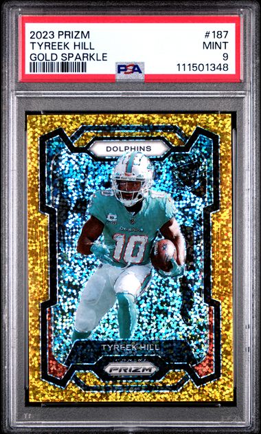 2023 Panini Prizm Tyreek Hill #187 (Gold Sparkle) Mint 9 front