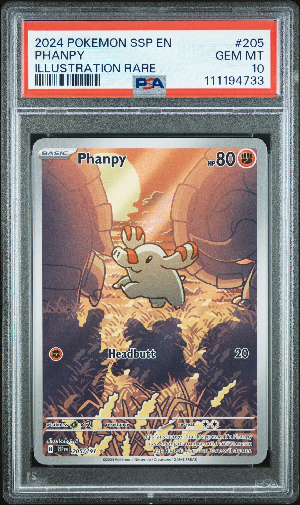 2024 Pokemon Ssp En-Surging Sparks Phanpy #205 (Illustration Rare) Gem Mt 10 front