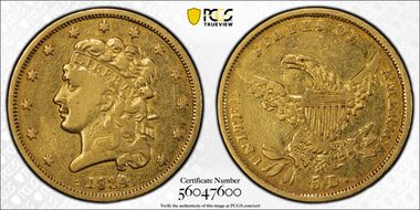 1834 $5 Classic Head, Plain 4 VF20