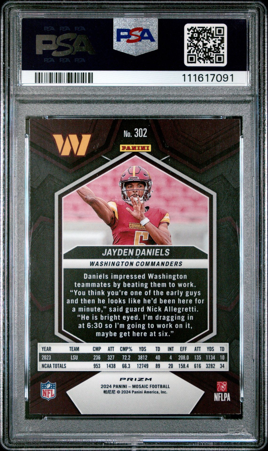 2024 PANINI MOSAIC JAYDEN DANIELS GREEN 302 GEM MT 10 back