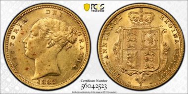 1882-S 1/2 Sov S-3862E Cross Buried AU55