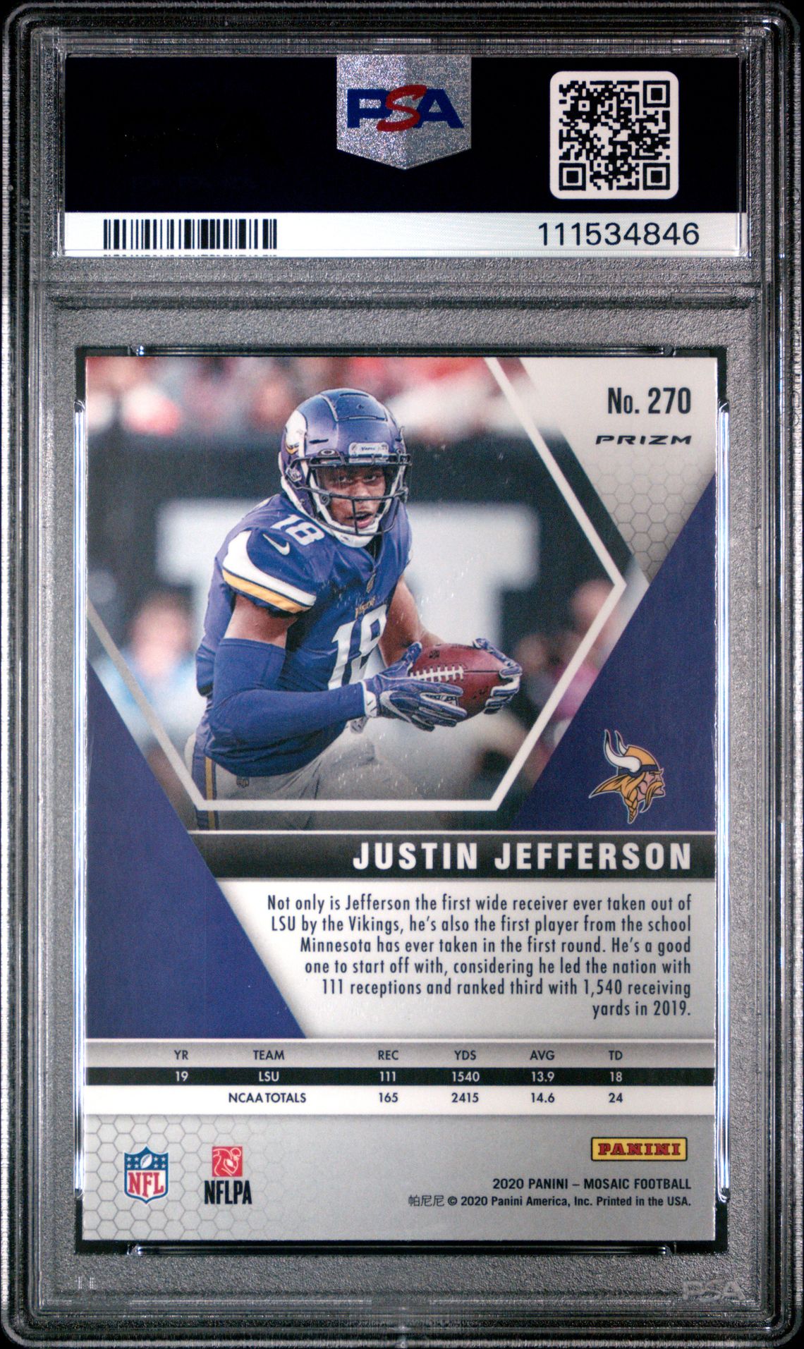 2020 Panini Mosaic Justin Jefferson #270 (Camo Pink) Gem Mt 10 back