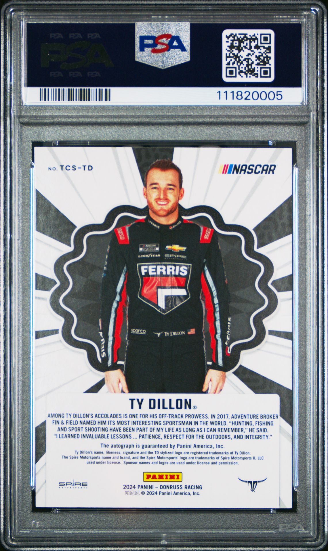 2024 Panini Donruss Nascar Turn Of The Century Signatures Ty Dillon #Tcstd (Turn/Century Sig-Gold) Gem Mt 10 back