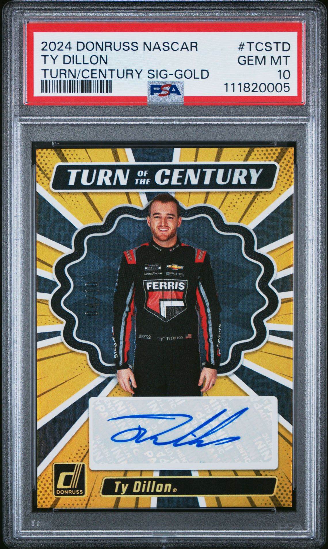 2024 Panini Donruss Nascar Turn Of The Century Signatures Ty Dillon #Tcstd (Turn/Century Sig-Gold) Gem Mt 10 front