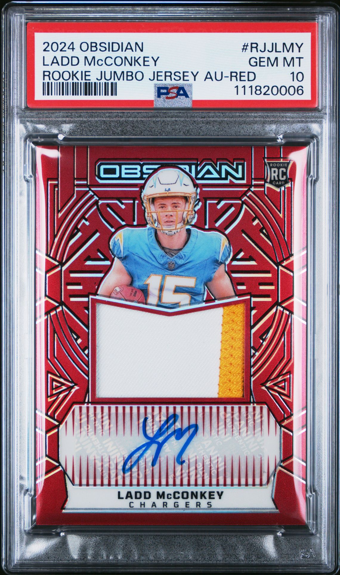 2024 Panini Obsidian Rookie Jumbo Jersey Autographs Ladd Mcconkey #Rjjlmy (Rookie Jumbo Jersey Au-Red) Gem Mt 10 front