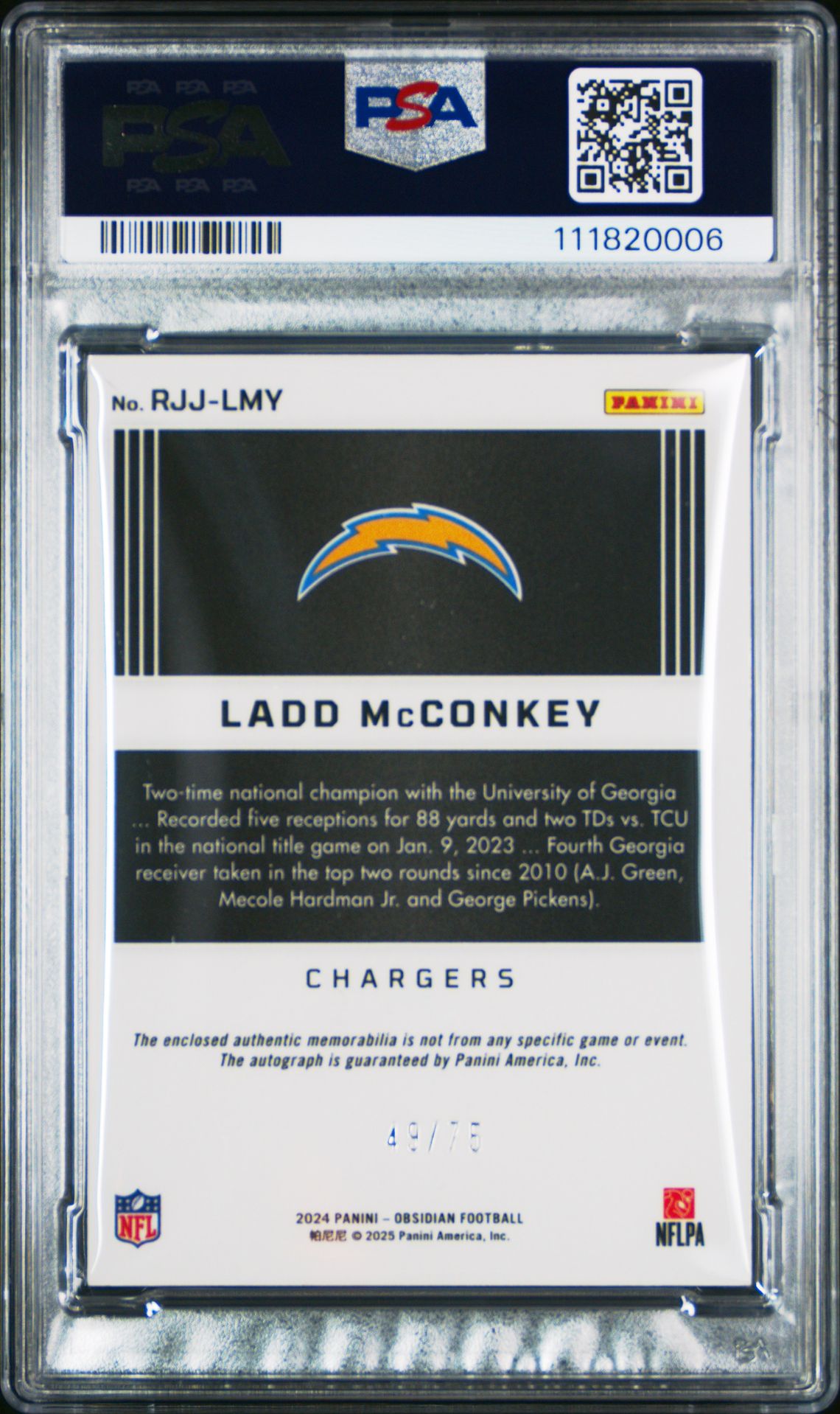 2024 Panini Obsidian Rookie Jumbo Jersey Autographs Ladd Mcconkey #Rjjlmy (Rookie Jumbo Jersey Au-Red) Gem Mt 10 back