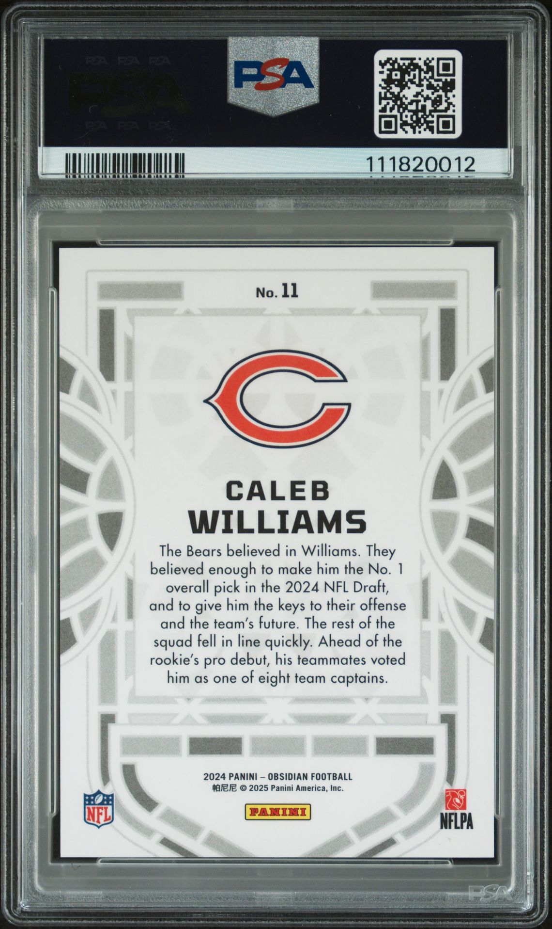 2024 Panini Obsidian Black Stained Glass Caleb Williams #11 Gem Mt 10 back