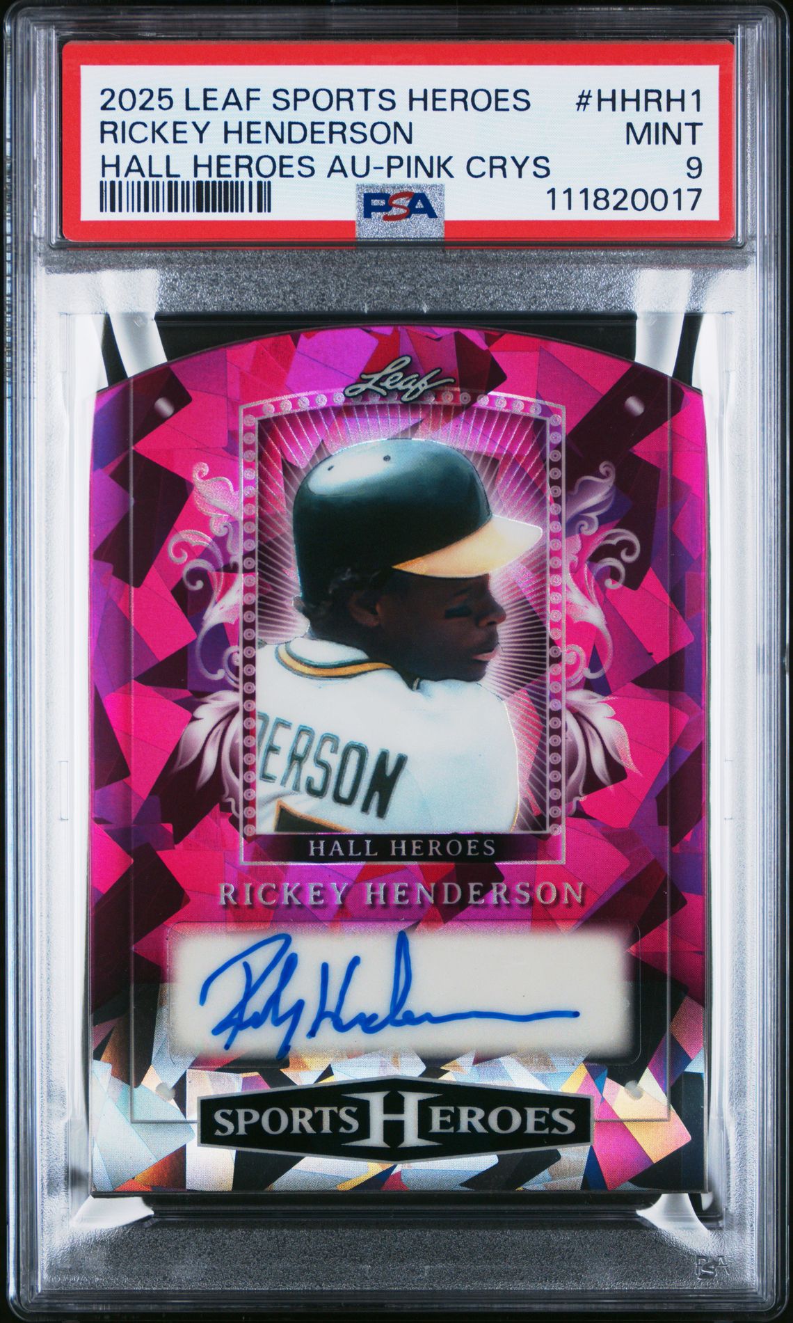 2025 Leaf Metal Sports Heroes Hall Heroes Autographs Rickey Henderson #Hhrh1 (Hall Heroes Au-Pink Crys) Mint 9 front