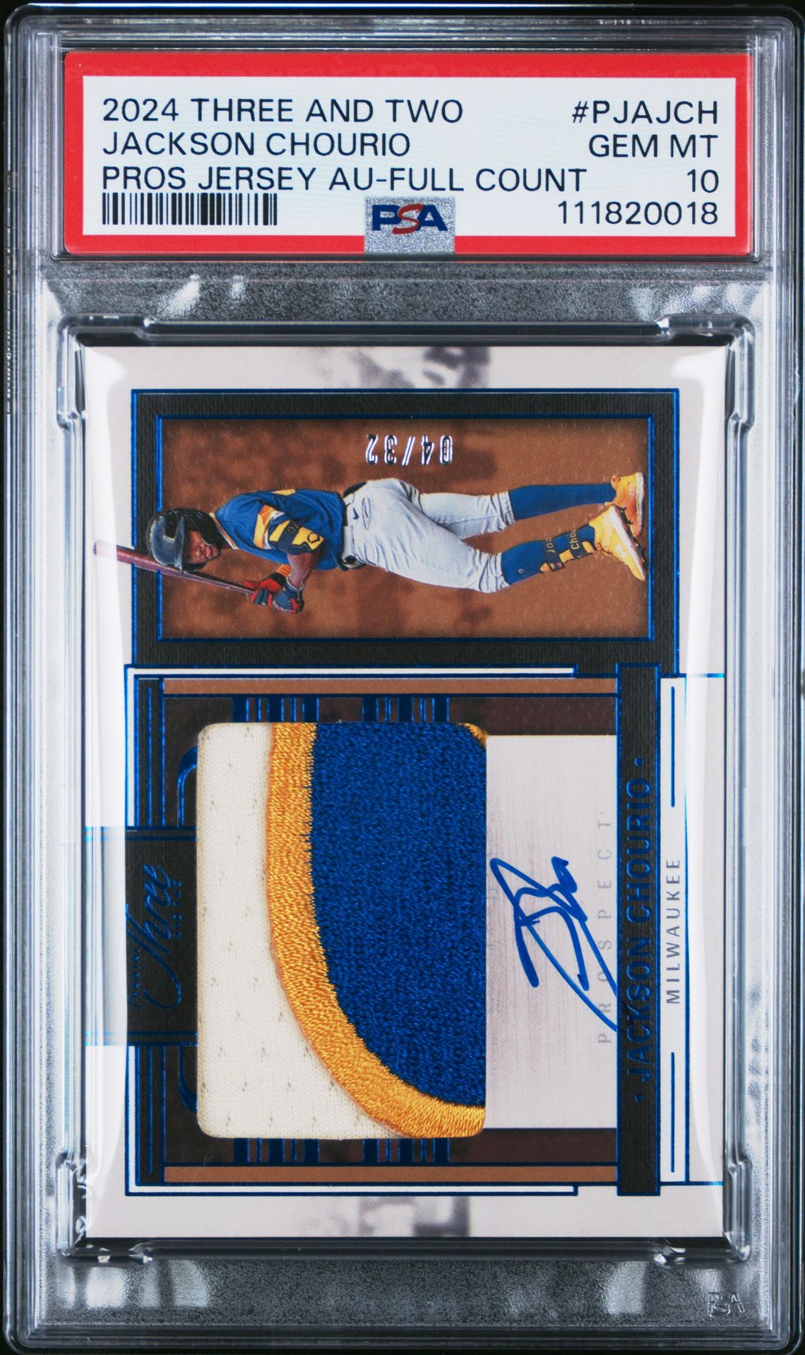 2024 Panini Three And Two Prospect Jersey Autographs Jackson Chourio #Pjajch (Pros Jersey Au-Full Count) Gem Mt 10 front