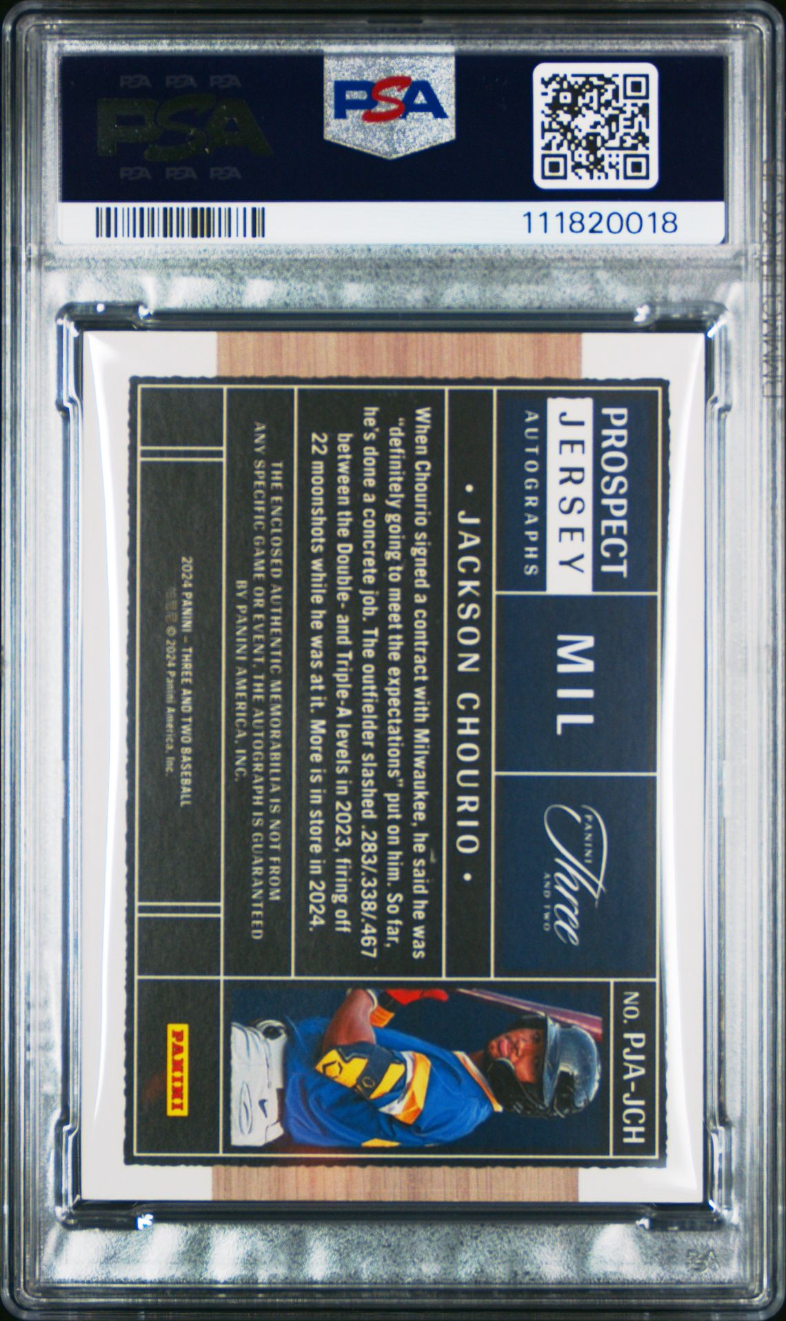 2024 Panini Three And Two Prospect Jersey Autographs Jackson Chourio #Pjajch (Pros Jersey Au-Full Count) Gem Mt 10 back