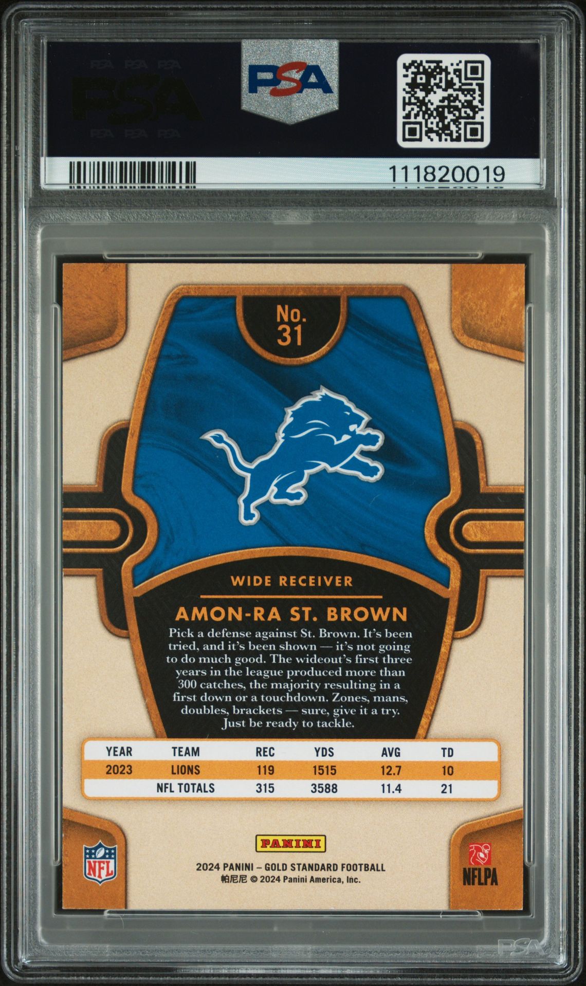 2024 Panini Gold Standard Amon-Ra St. Brown #31 (Rose Gold) Mint 9 back