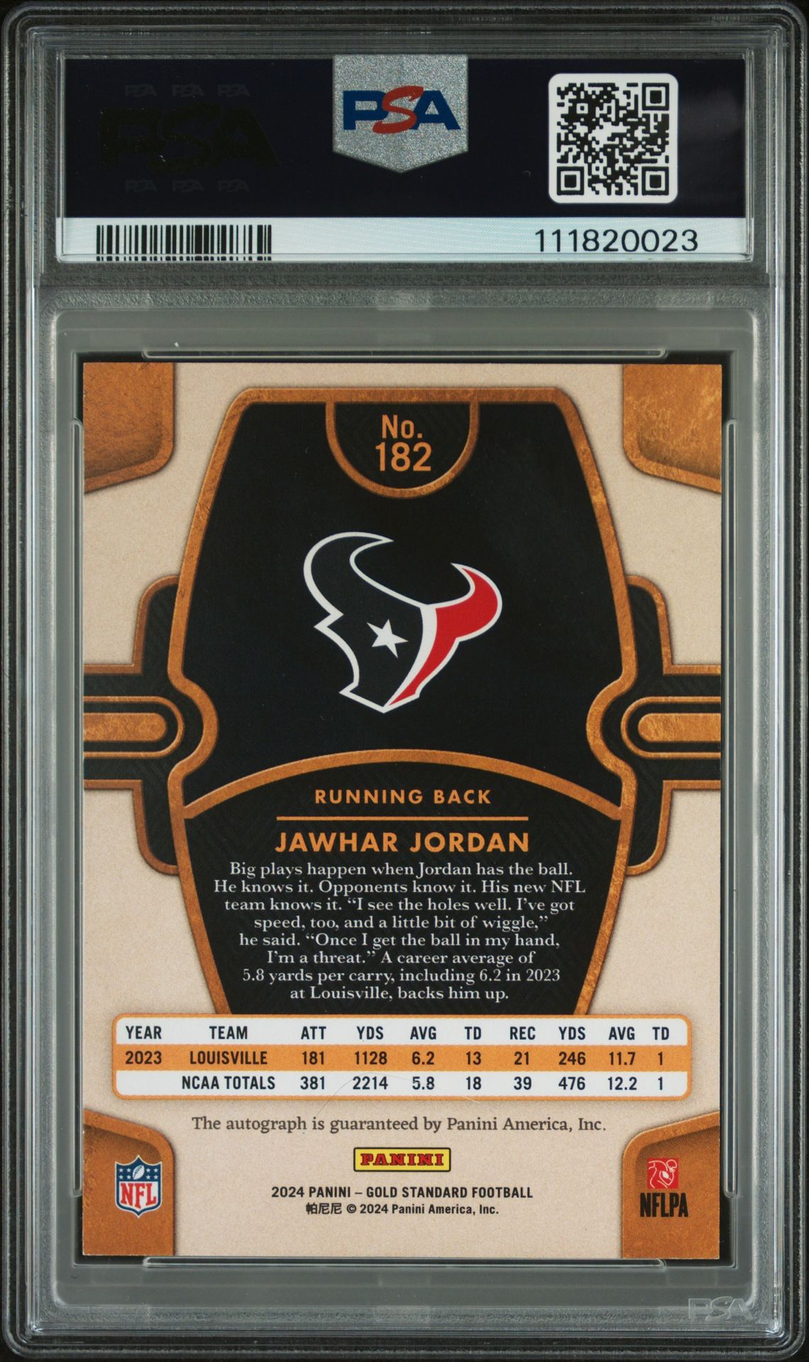 2024 Panini Gold Standard Jawhar Jordan #182 (Autograph) Gem Mt 10 back