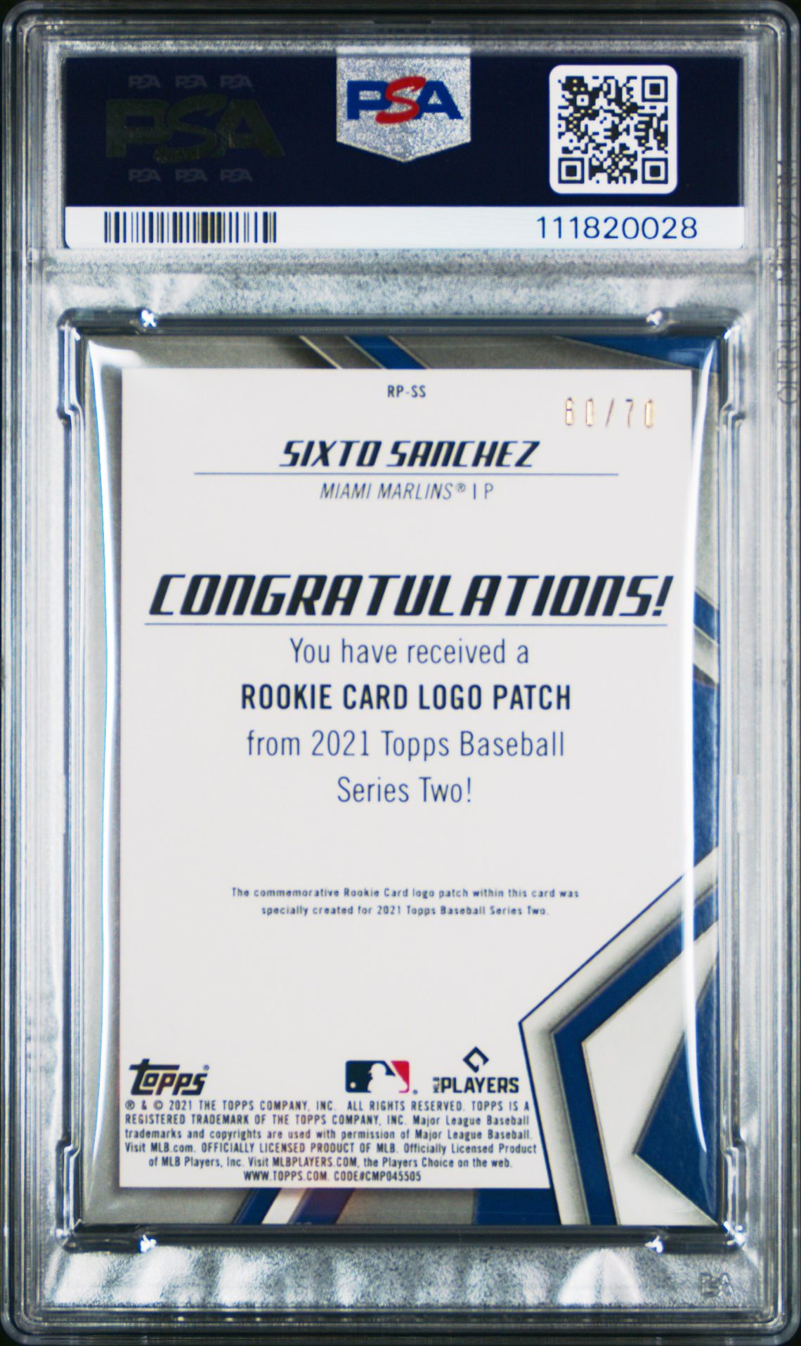 2021 Topps Rookie Card Logo Manufactured Patch Relic Sixto Sanchez #Ss (R/C Lg.mfd.pt.rl-Plt.anv.) Mint 9 back