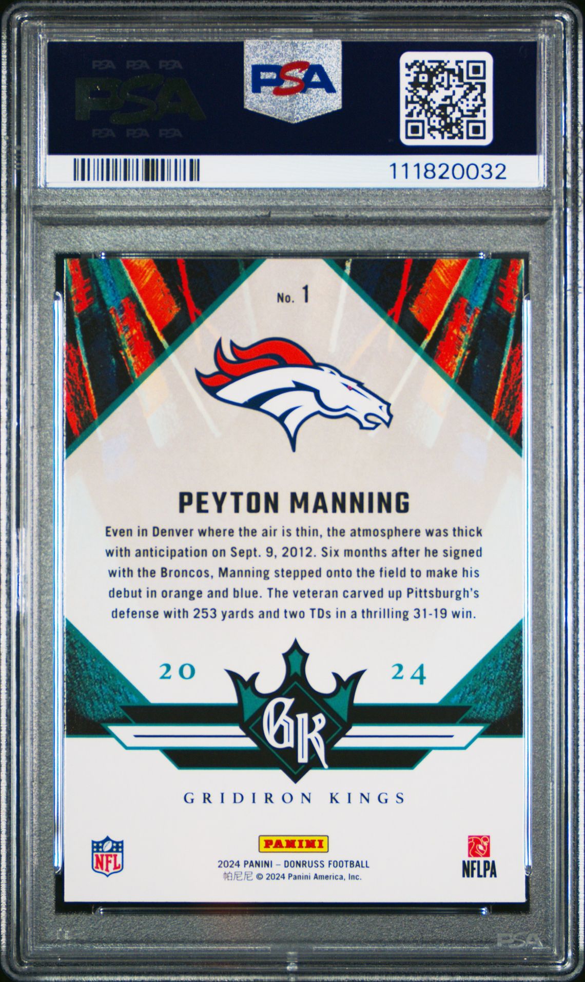 2024 Panini Donruss All-Time Gridiron Kings Peyton Manning #1 Gem Mt 10 back