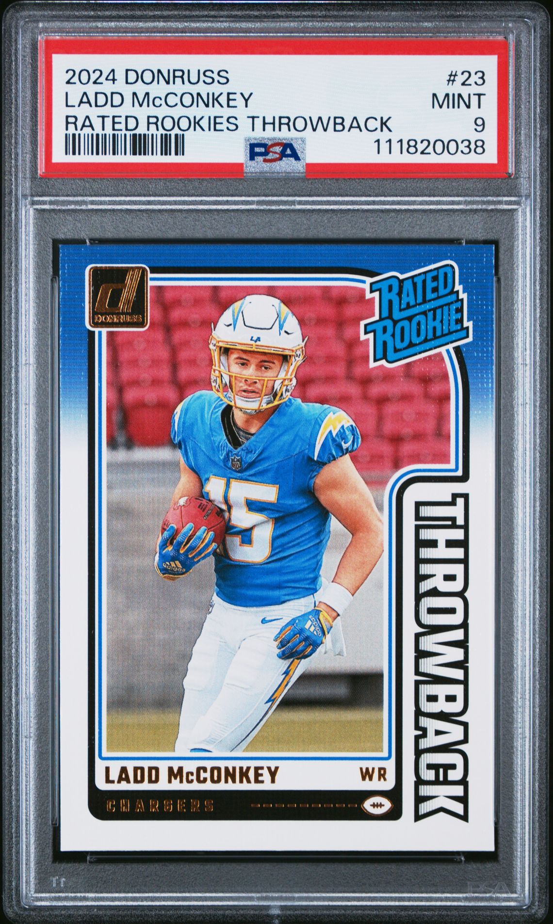 2024 Panini Donruss Rated Rookies Throwback Ladd Mcconkey #23 Mint 9 front