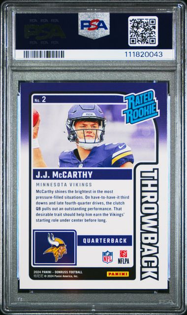 2024 Panini Donruss Rated Rookies Throwback Jj Mccarthy #2 Gem Mt 10 back