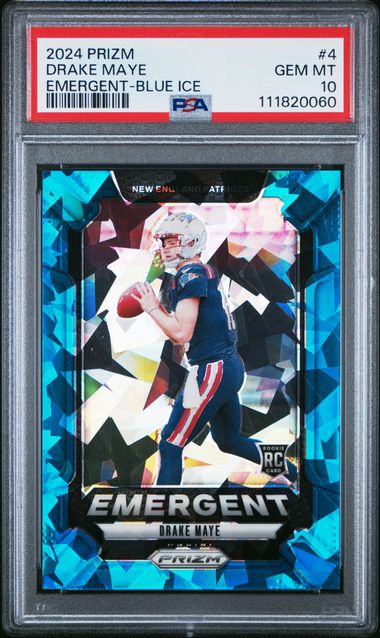 2024 Panini Prizm Emergent Drake Maye #4 (Emergent-Blue Ice) Gem Mt 10 front