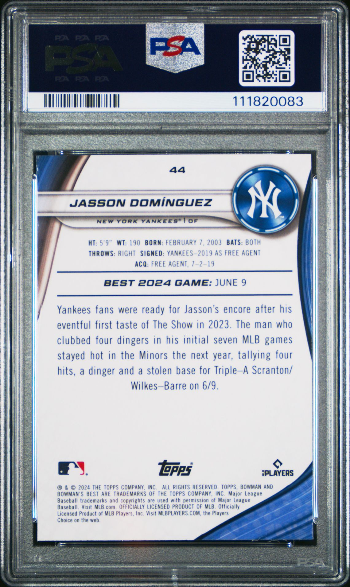 2024 Bowman's Best Jasson Dominguez #44 (Yellow Lazer) Mint 9 back