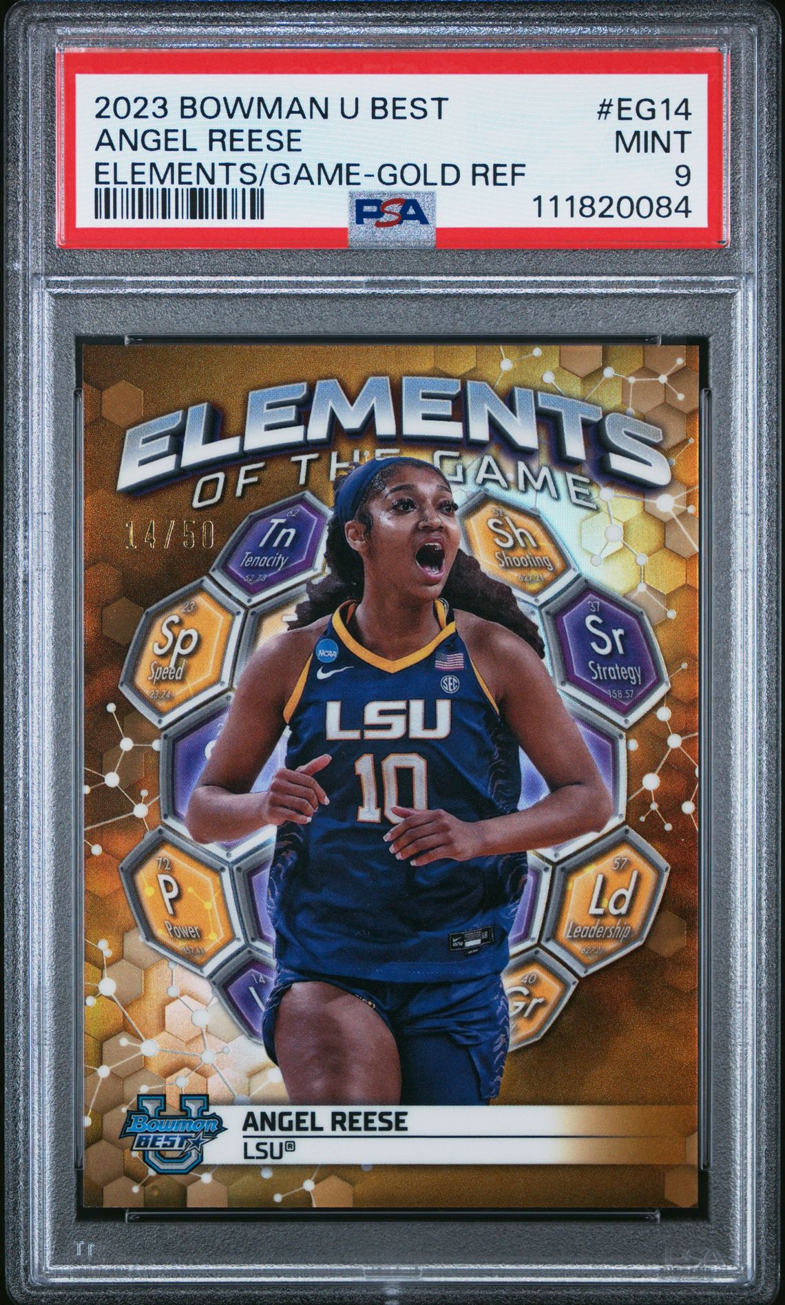 2023 Bowman University Best Elements Of The Game Angel Reese #Eg14 (Elements/Game-Gold Ref) Mint 9 front