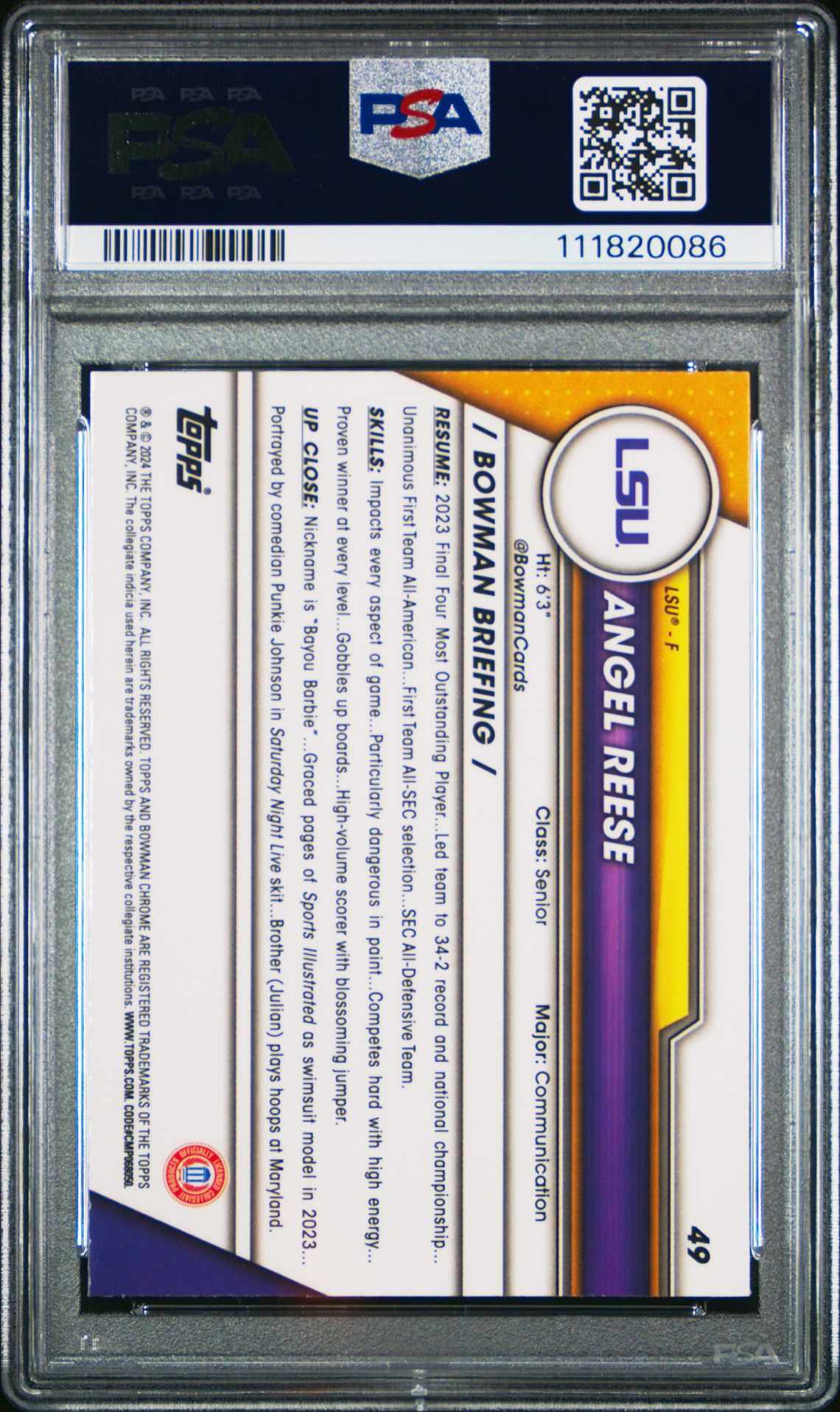 2023 Bowman University Chrome Sapphire Angel Reese #49 Gem Mt 10 back