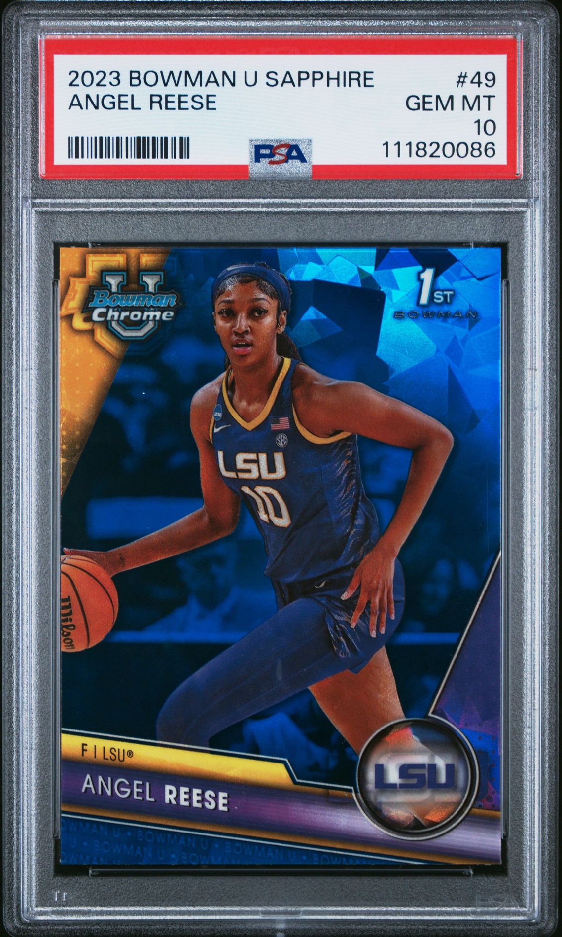 2023 Bowman University Chrome Sapphire Angel Reese #49 Gem Mt 10 front