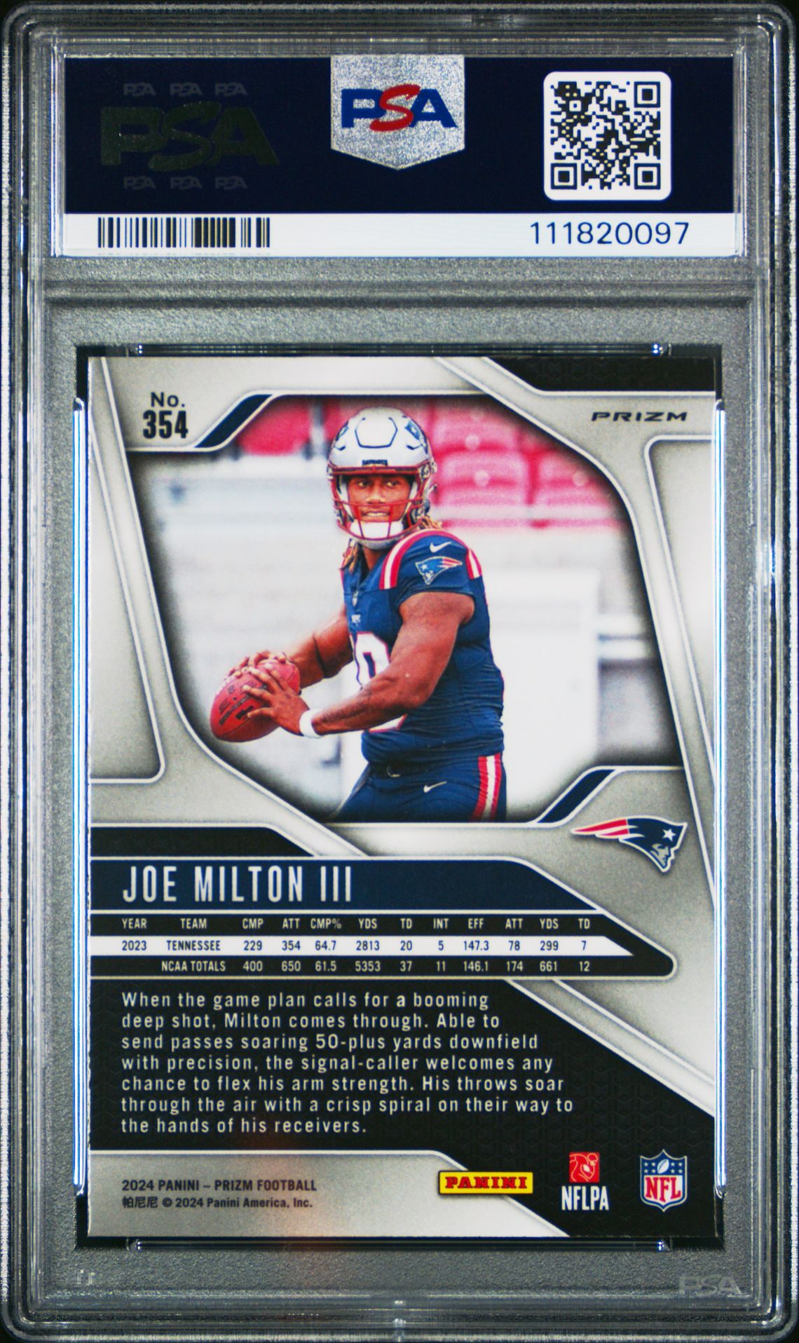 2024 Panini Prizm Joe Milton Iii #354 (Silver Prizm) Gem Mt 10 back