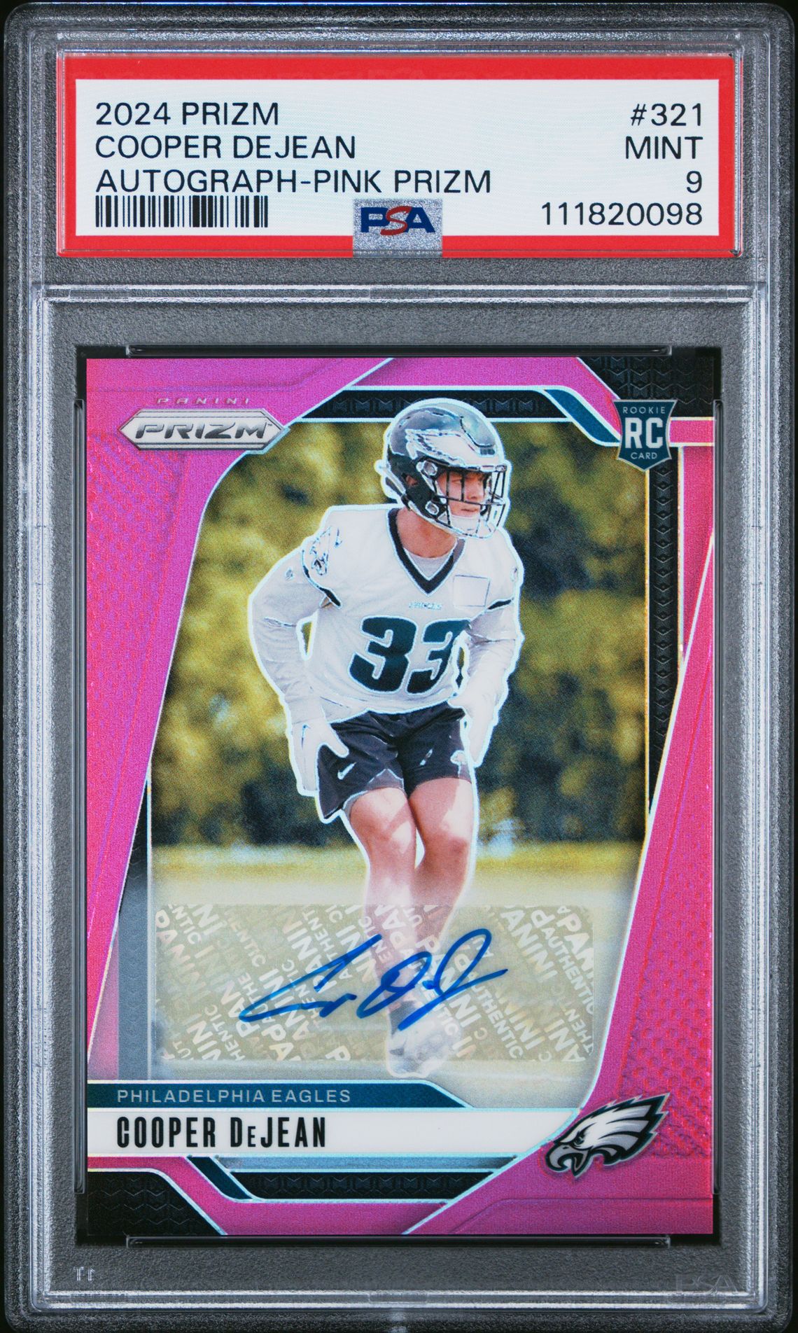 2024 Panini Prizm Cooper Dejean #321 (Autograph-Pink Prizm) Mint 9 front