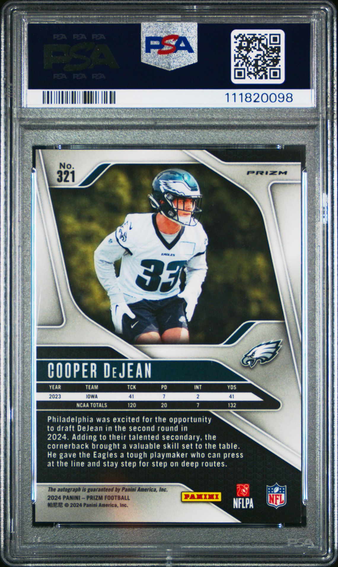2024 Panini Prizm Cooper Dejean #321 (Autograph-Pink Prizm) Mint 9 back